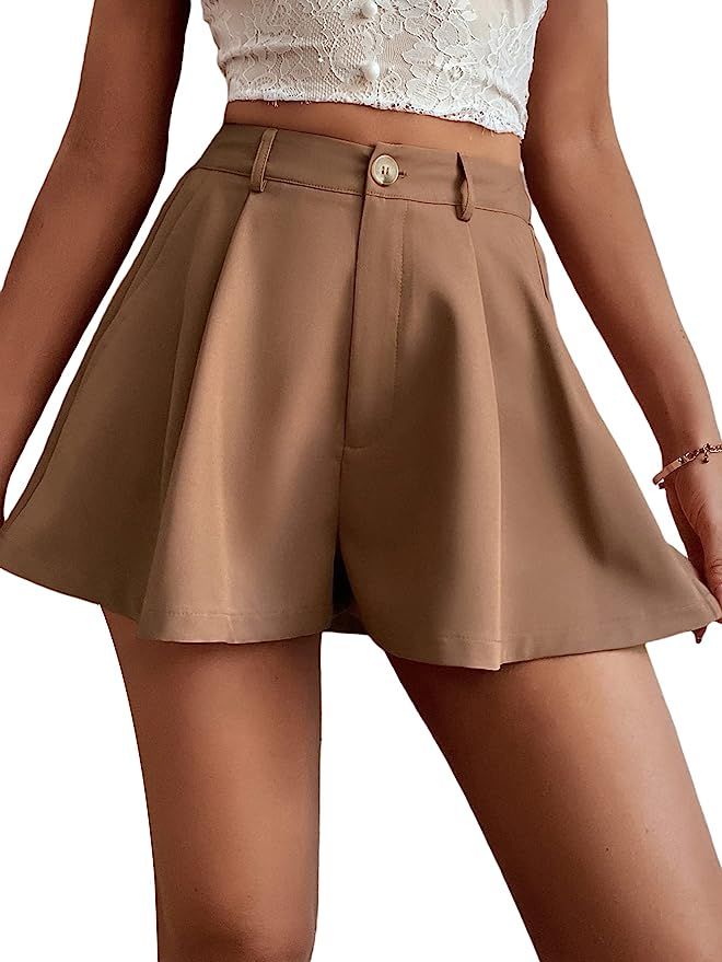 Floerns Women's Solid High Waisted Wide Leg Casual Pleated Shorts with Pocket | Amazon (US)