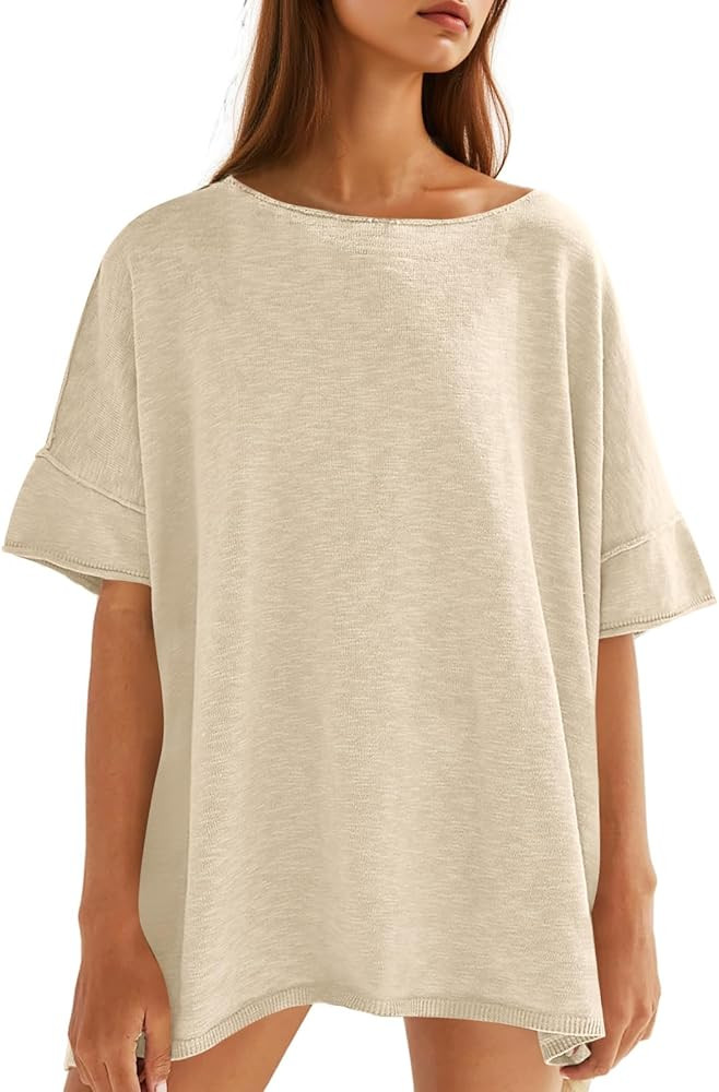 Tankaneo Women's Oversized T Shirts Casual Summer Crew Neck Loose Dropped Short Sleeve Side Slit ... | Amazon (US)