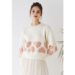 Tender Fuzzy Heart Jacquard Knit Sweater in Ivory | Chicwish