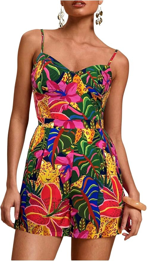 Floerns Women's Tropical Print Cami Rompers Sleeveless Boho Shorts Jumpsuit | Amazon (US)