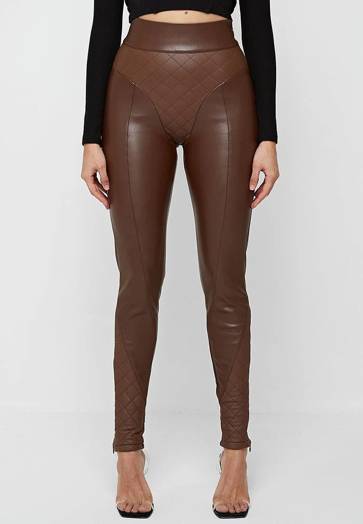 Vegan Leather Quilted Leggings - Brown | Maniere De Voir
