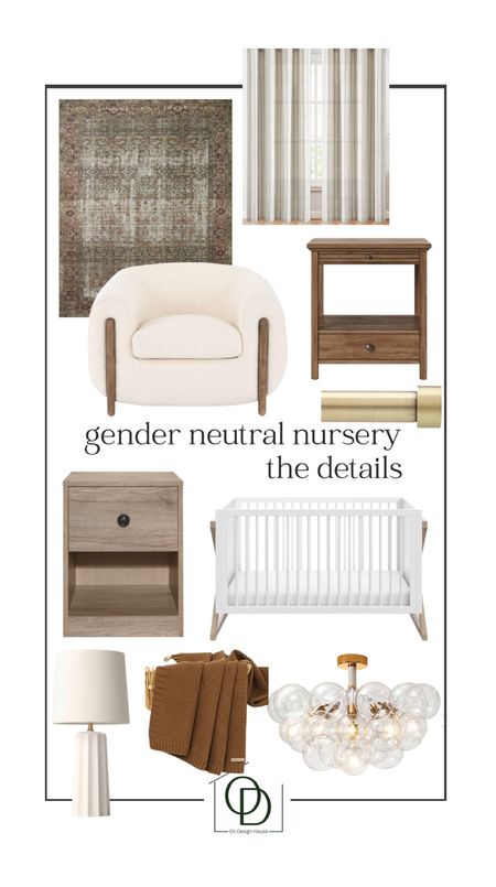 Gender neutral nursery mood board. 

White crib, modern white and wood crib, farmhouse crib, brass bubble light, gold ceiling light with baubles, brass curtain rod, striped linen curtains, natural wood nightstand, nightstand with 1 drawer, wood end table, scalloped white table lamp, rust coloured muslin baby blanket, amber Lewis x loloi area rug, oversized white Boucle accent chair with wood legs

Modern organic nursery, moody nursery, moody home design, modern organic home decor

#LTKFind #LTKhome #LTKbump
