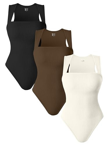 OQQ 3 Piece Bodysuits For Women Sexy Ribbed Strappy Square Neck Stretch Tank Tops Bodysuits Black Coffee Beige | Amazon (US)