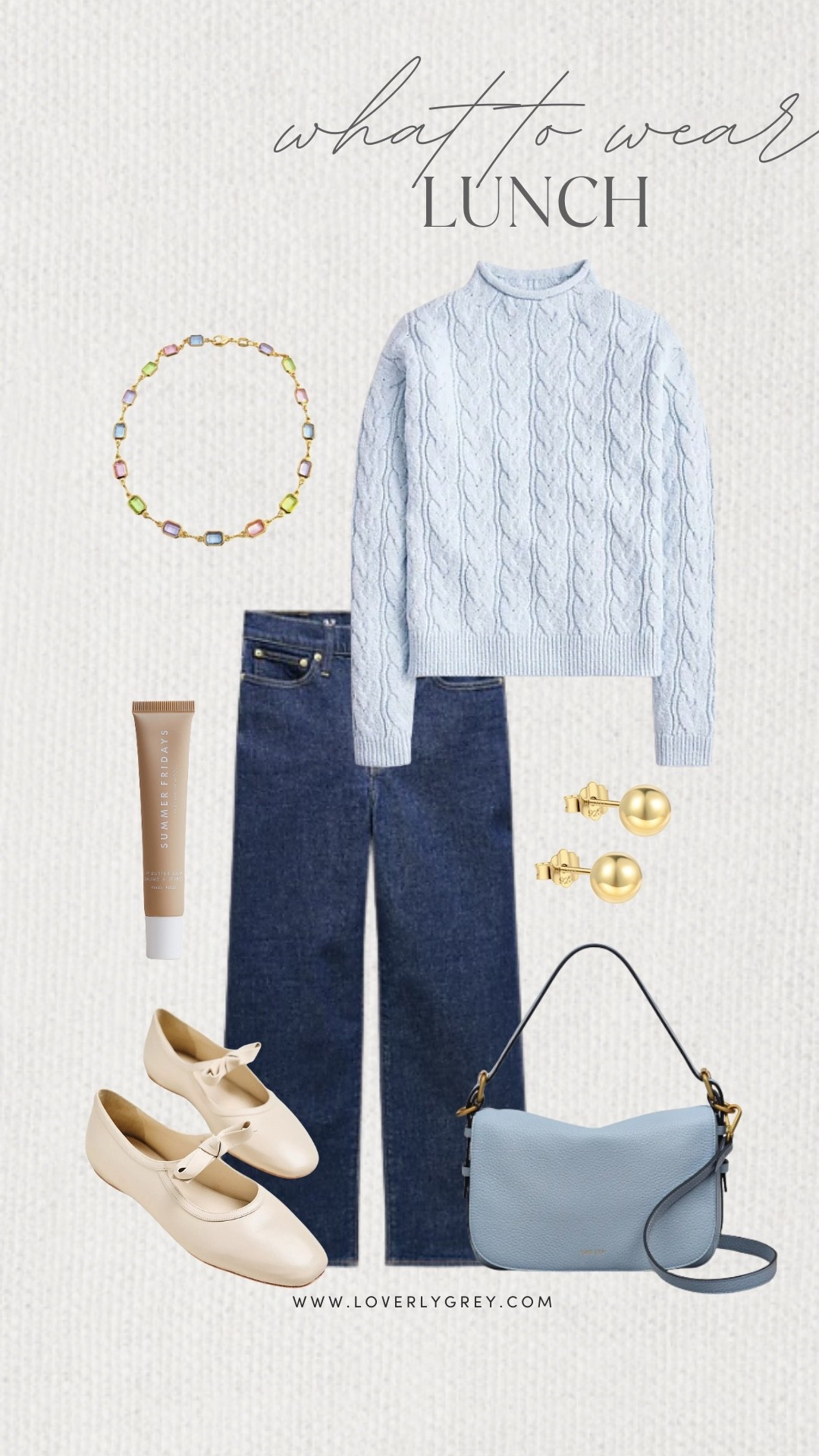 Loverly Grey, what to wear to lunch! A knit baby blue sweater paired with dark wash denim and a colorful necklace. I would also add a baby blue bag, Mary Jane flats, and a pair of simple stud earrings. Loverly Grey, what to wear, lunch 

#LTKootd #LTKSeasonal #LTKgrwm
