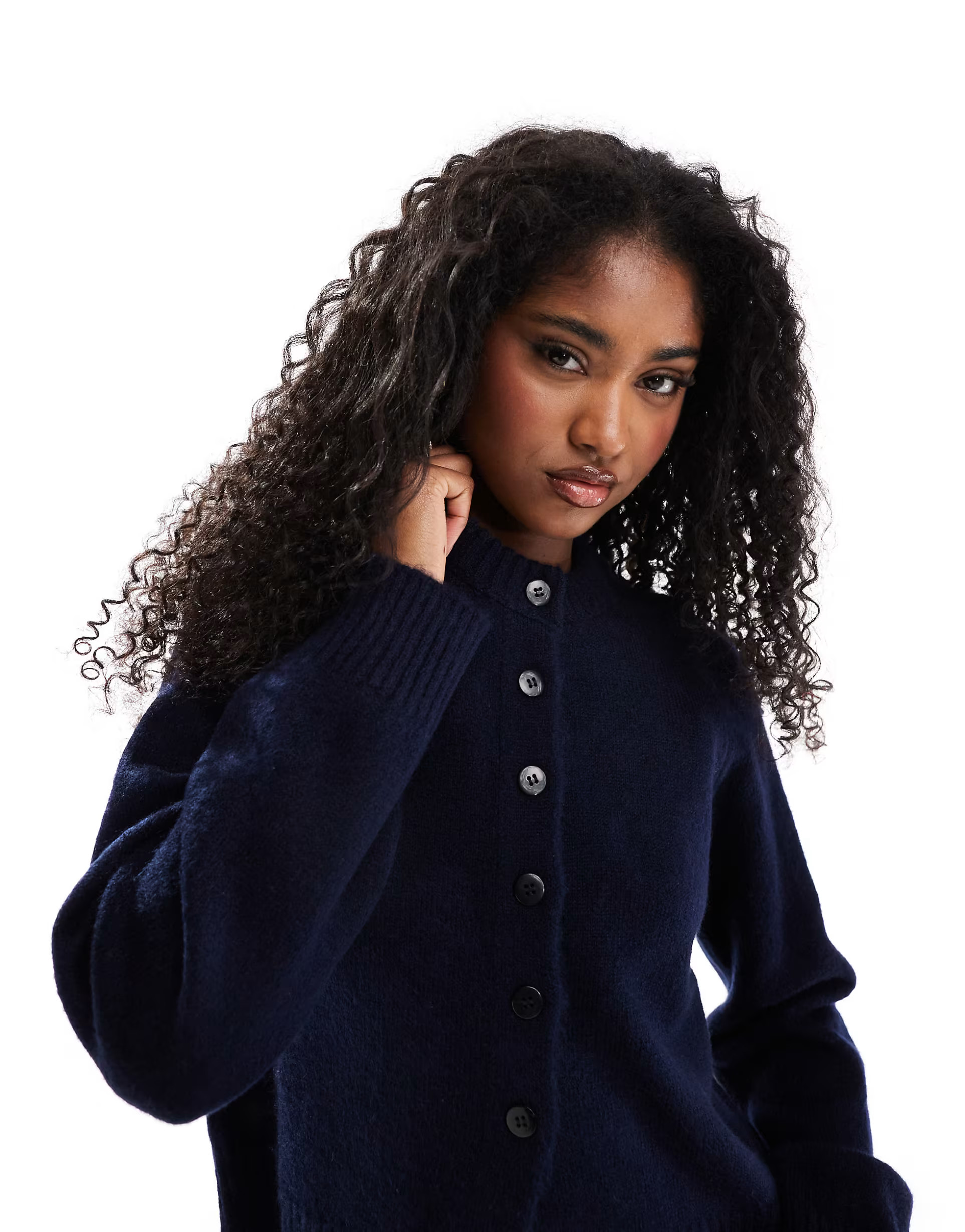 ASOS DESIGN knitted crew neck cardigan with contrast buttons and split hem in navy | ASOS (Global)