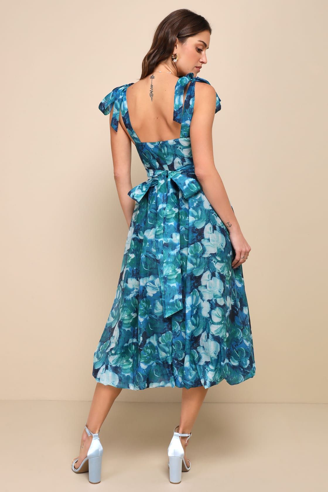 Flowering Day Dream Teal Blue Floral Organza Midi Bubble Dress | Lulus