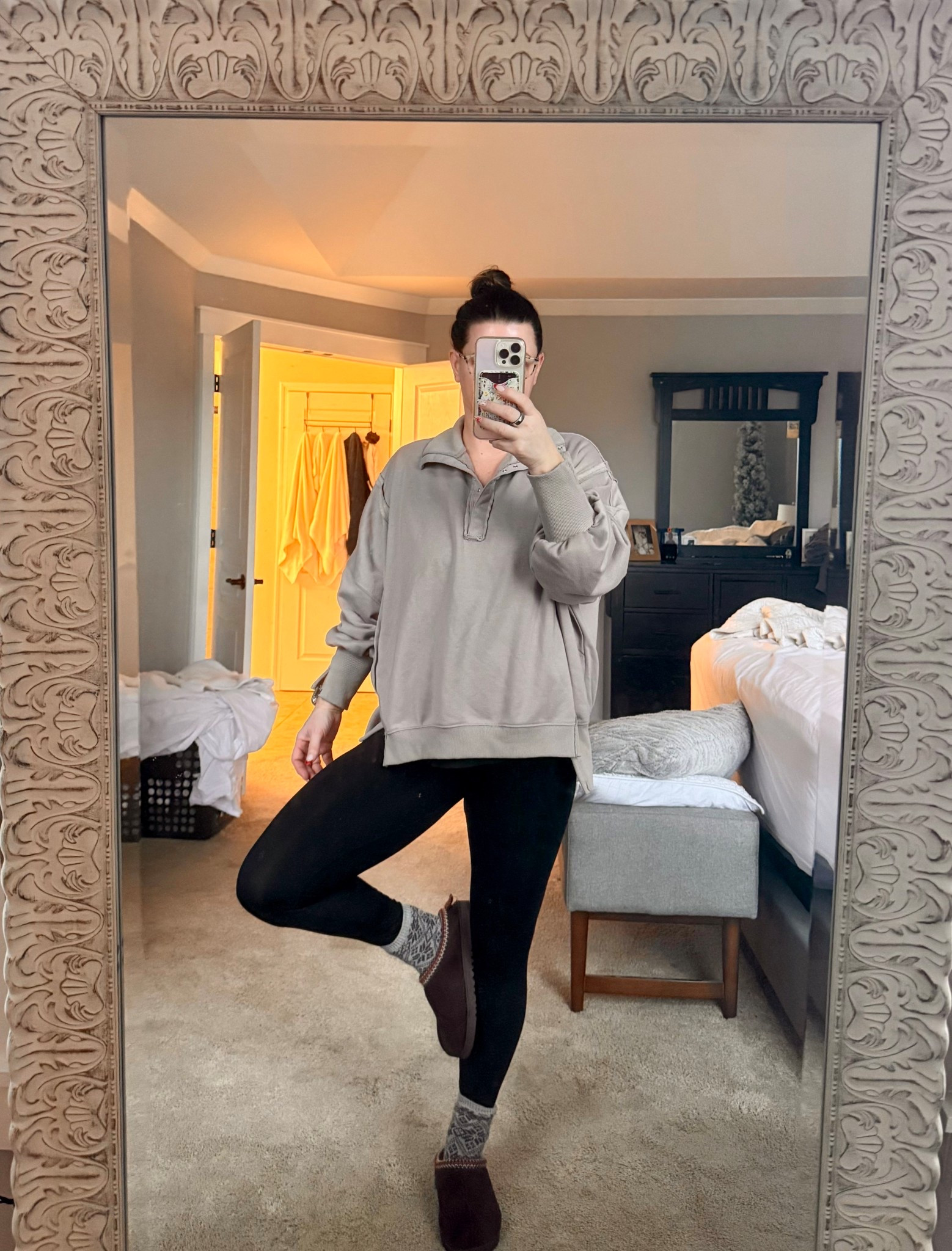 Cozy vibe for a cold, windy day. Sweatshirt is oversized so I sized down to a small, leggings true medium. 

#LTKootd #LTKSeasonal #LTKOver40