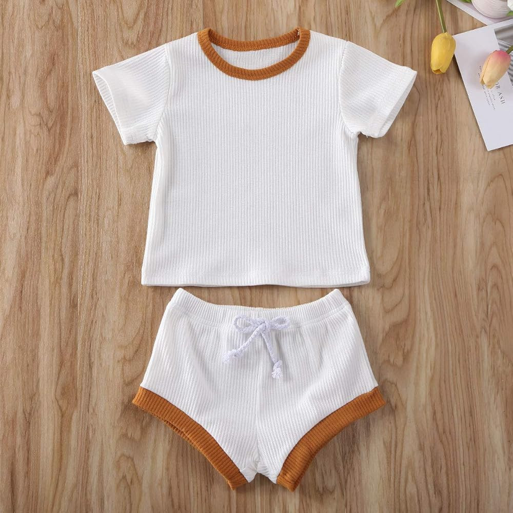 2 PCS Infant Toddler Baby Boy Girl Summer Outfits Top Shirt+Drawstring Shorts Clothes Set | Amazon (US)