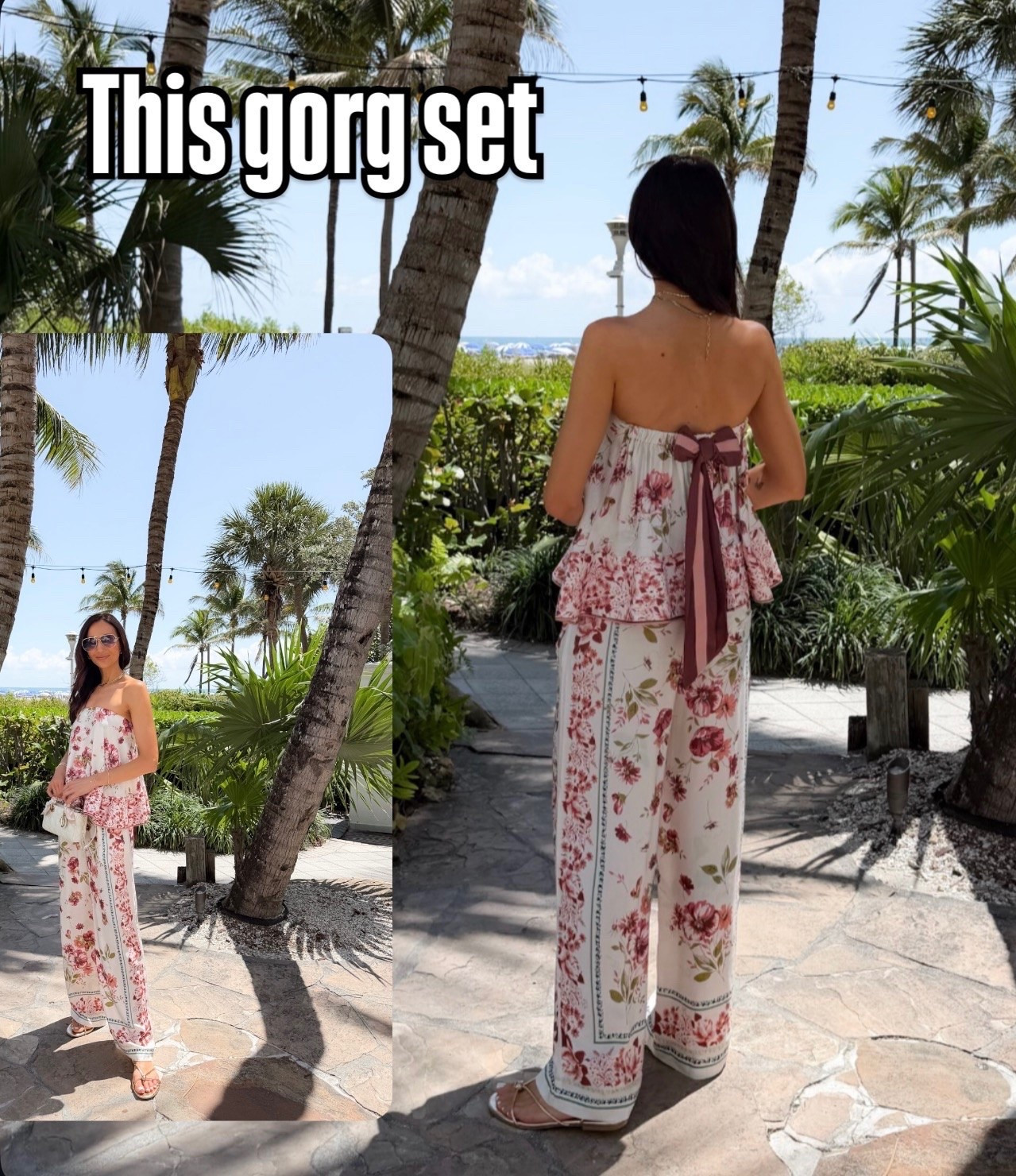 This floral set is even prettier in person. The flowy fit, soft print, and bow detail in the back make it feel so feminine and perfect for vacation nights, beach dinners, or summer events. One of those outfits that instantly makes you feel put together.

Vacation outfit, floral set, resort wear, beach vacation style, summer outfit inspo, matching set, feminine fashion, vacation dinner outfit, tropical outfit, wide leg pants outfit, chic summer style, effortless vacation look, elevated resort wear, feminine outfit idea, annabrstyle

#LTKSeasonal #LTKTravel #LTKootd