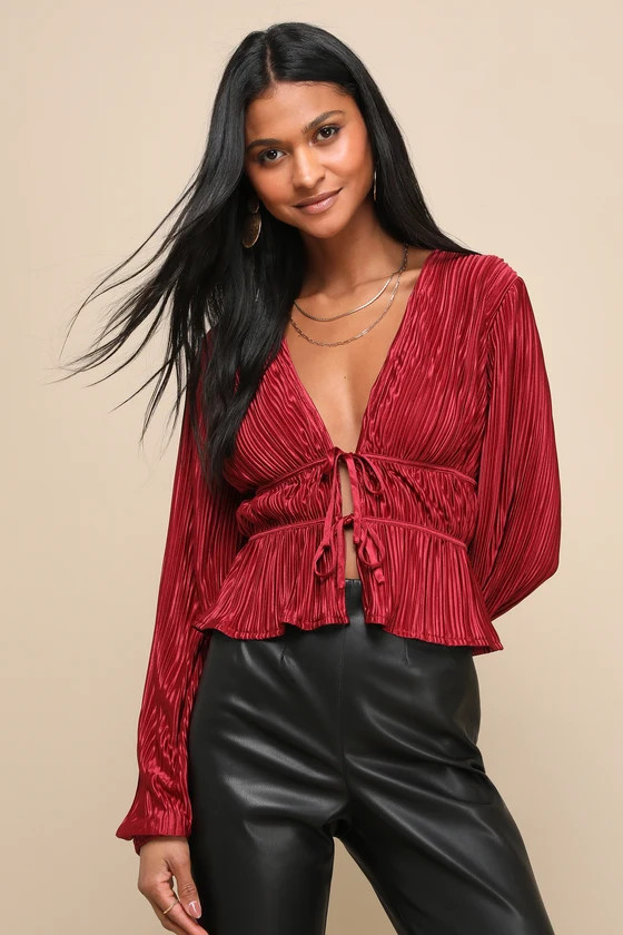 Luxe Designs Wine Red Plisse Satin Long Sleeve Tie-Front Top | Lulus (US)