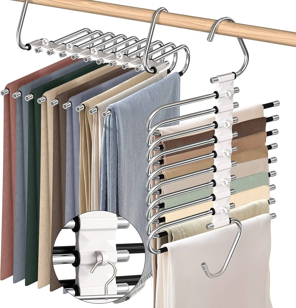 9 Layers Pants Hangers Space Saving, 2 Pack Multifunctional Pant Rack Stainless Steel Closet Orga... | Amazon (US)