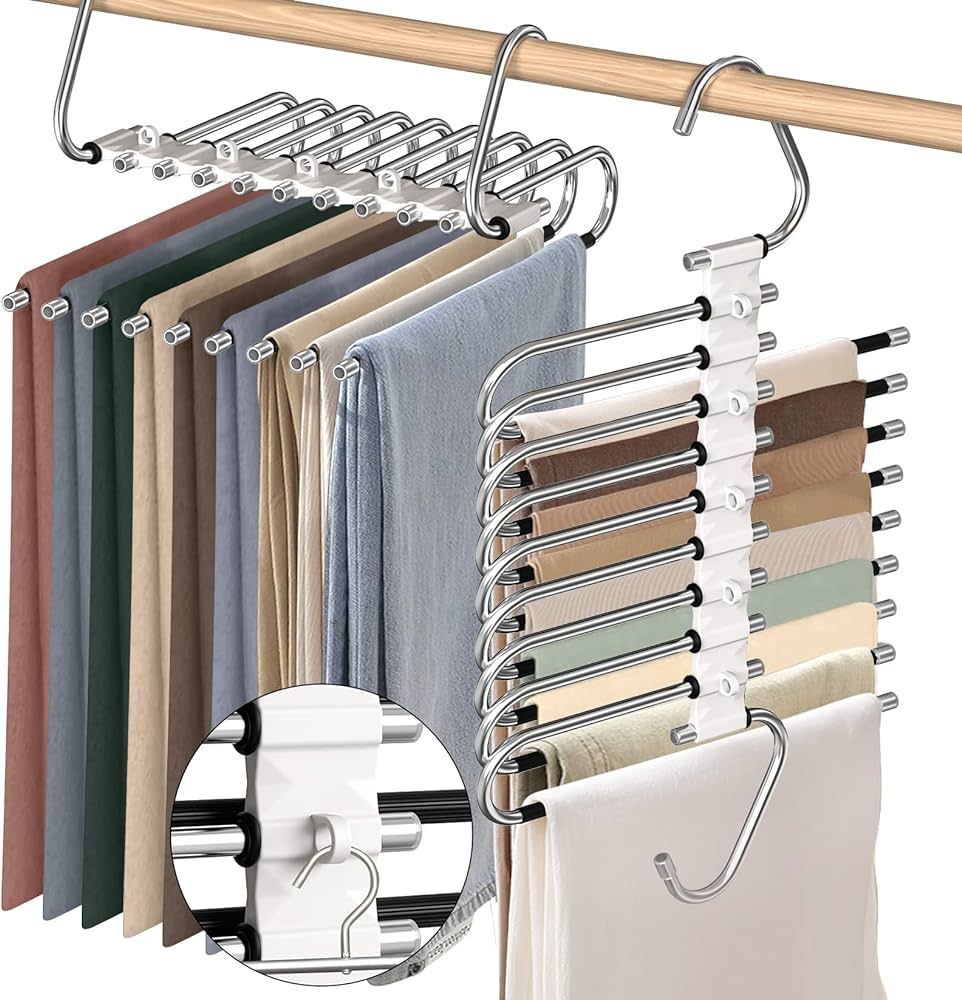 Upgrade 9 Layers Pants Hangers Space Saving, 2 Pack Non Slip Stainless Steel Multifunctional Rack... | Amazon (US)