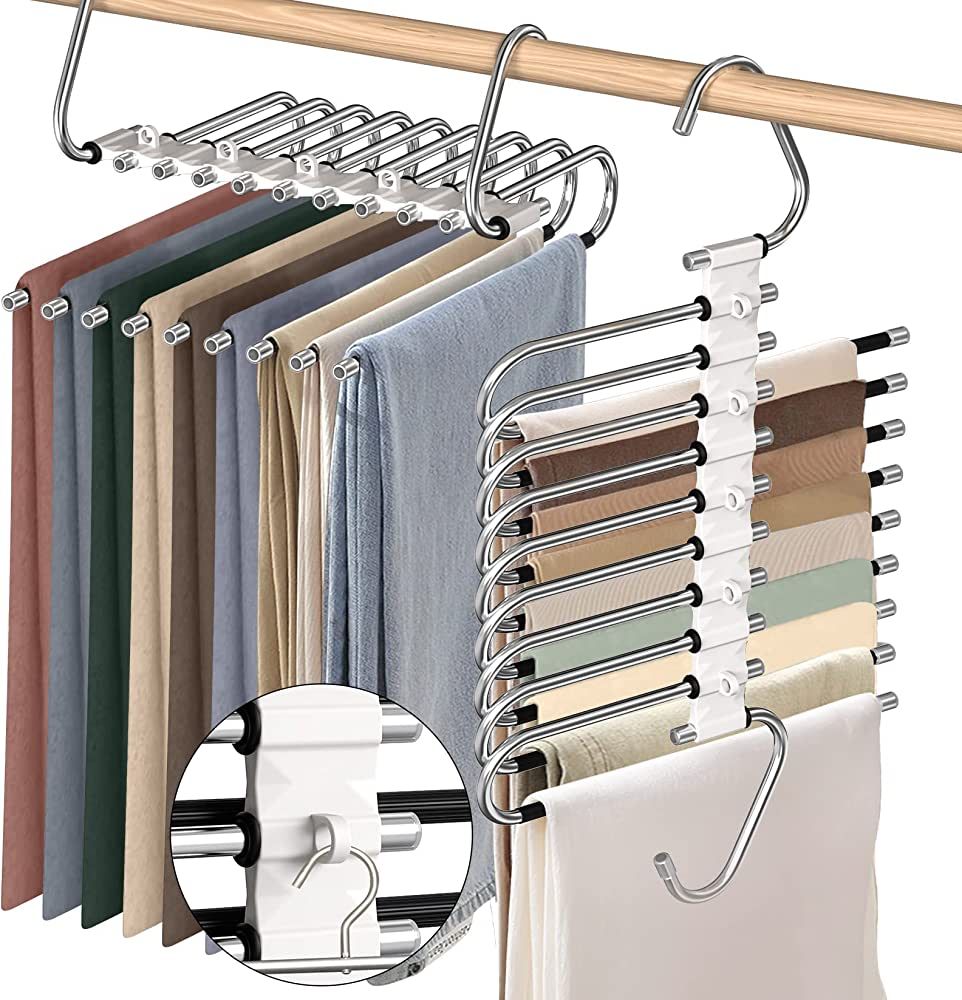 Upgrade 9 Layers Pants Hangers Space Saving, 2 Pack Non Slip Stainless Steel Multifunctional Rack... | Amazon (US)