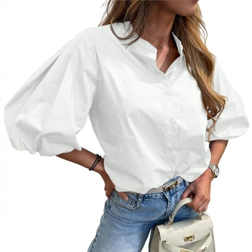 Tankaneo Womens Half Puff Sleeve Button Down Shirts Cotton Loose Fit Tops Summer Dressy Casual Bl... | Amazon (US)