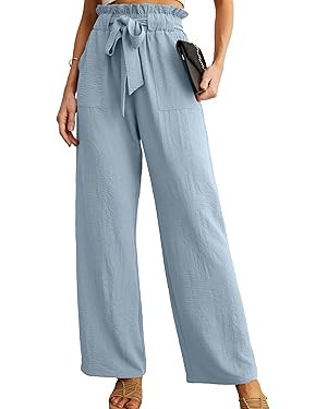 IWOLLENCE Women's Wide Leg Pants with Pockets High Waist Adjustable Knot Loose Casual Trousers Bu... | Amazon (US)
