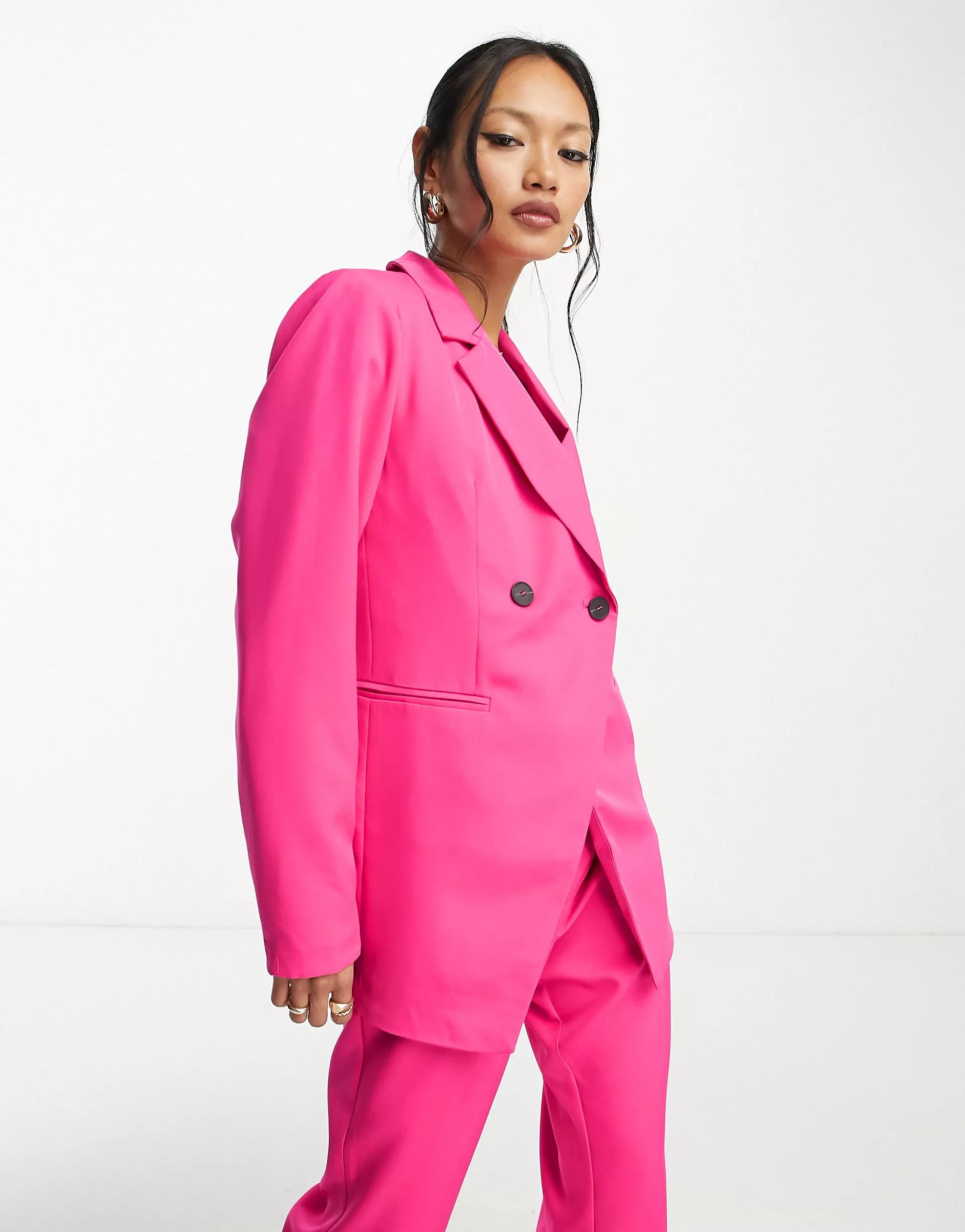 Vila tailored asymmetric suit blazer in bright pink | ASOS (Global)