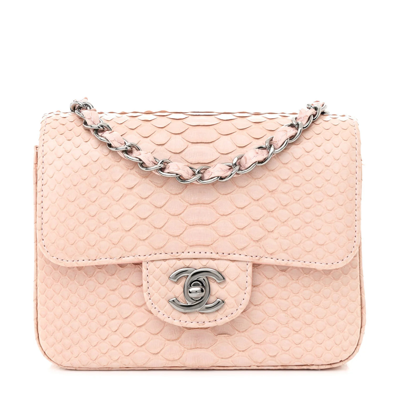 Snakeskin Mini Square Flap Light Pink | FASHIONPHILE (US)