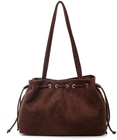 Suede Shoulder Bag Vintage Drawstring Medium Handbag Slouchy Purse | Amazon (US)