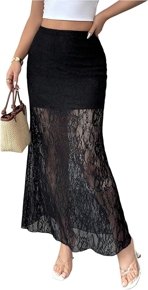 Women's Y2K Lace Sheer Long Skirt Ruffle High Waisted Mesh Bodycon Skirts Vacation Festival Outfi... | Amazon (US)