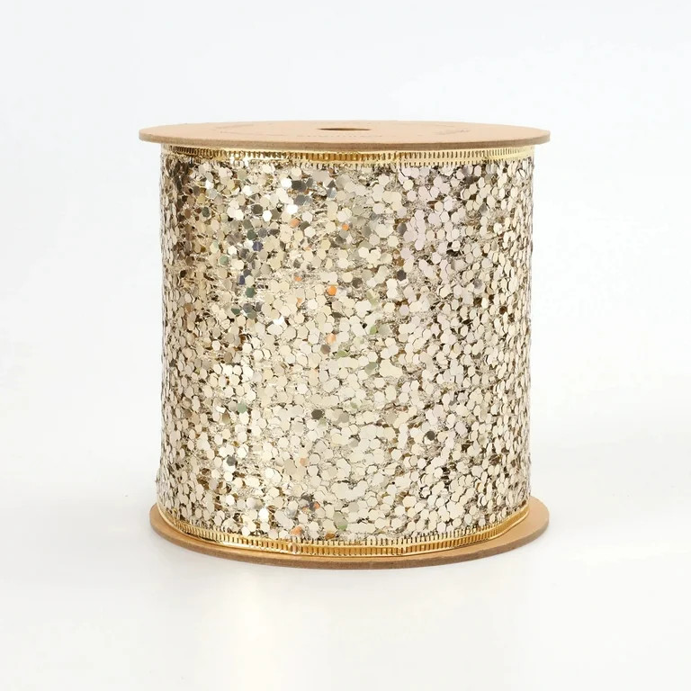 LaRibbons 4" Sequin Wired Ribbon | White Gold | 10 Yard Roll | Walmart (US)