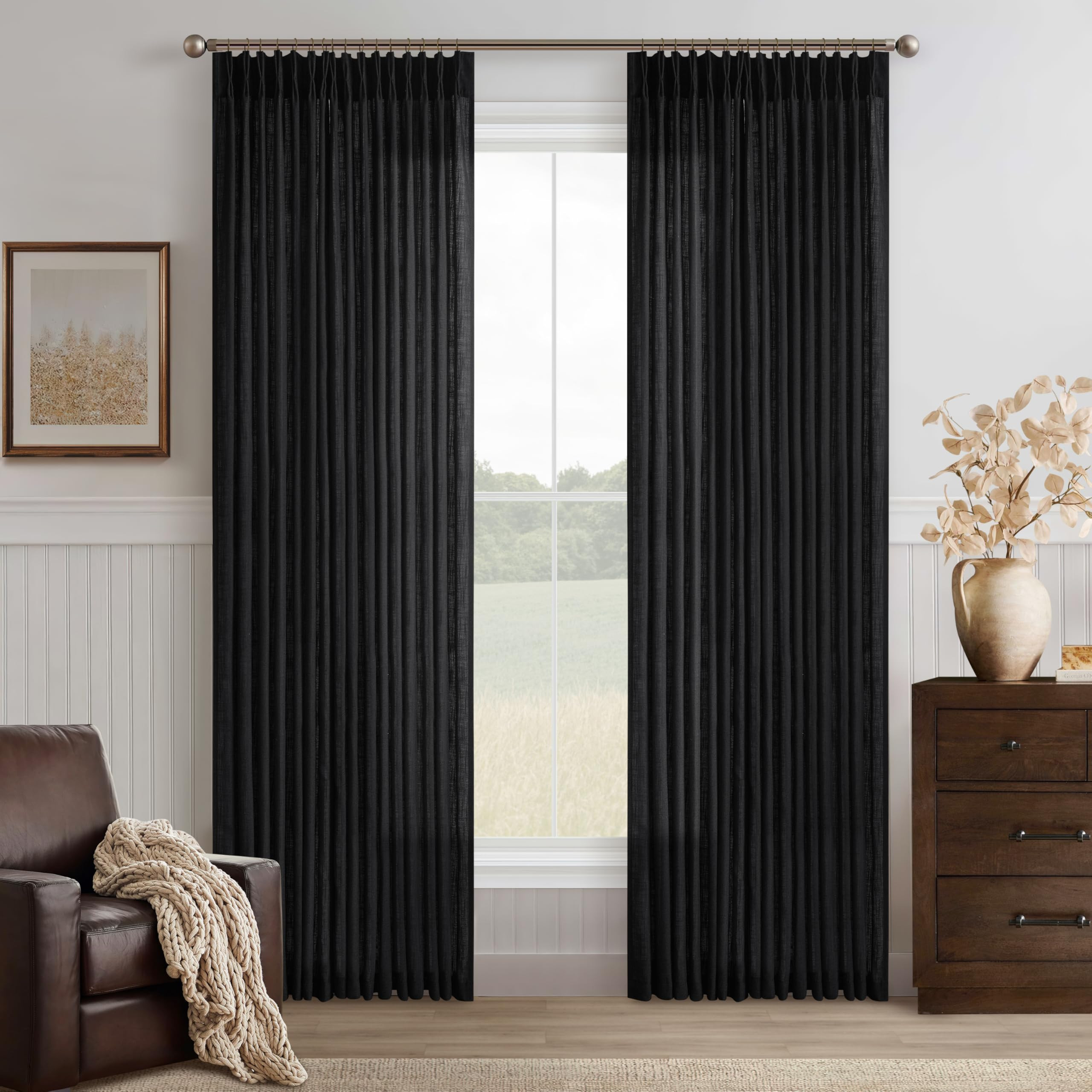 Black 90 Inch Linen Curtains Pinch Pleated for Living Room Bedroom Dining Boho Country Light Filt... | Amazon (US)