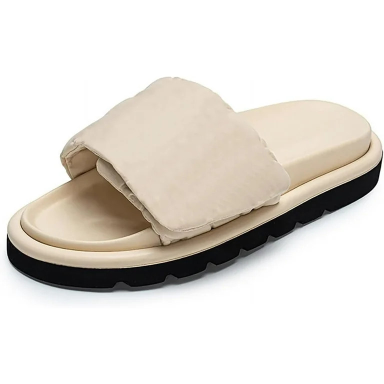 Womens Slide Sandals Summer Slip On Adjustable Pillow Strap Leather Open Toe Flat Sandals Slides | Walmart (US)