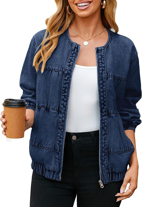 Glamaker Womens Denim Bomber Jacket Trendy Casual Zip Up Crew Neck Long Sleeve Loose Fit Jean Jac... | Amazon (US)