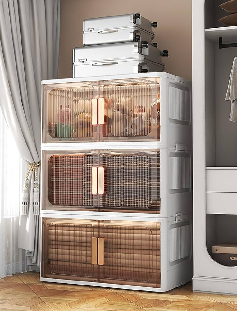 Stackable Storage Bins with Lids 3 Pack,21 Gal,Collapsible storage cabinet, Closet organizer, Off... | Amazon (US)