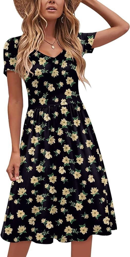 DB MOON Women 2024 Casual Summer Dresses Spring V Neck Short Sleeve Knee Length Beach Dress with ... | Amazon (US)