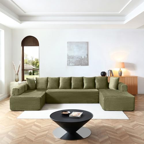 145" Oversized Cloud Boneless Sectional Sofa with Chaise, Corduroy U Shaped Modular Couch with Deep Seat, Fixed Frame Comfy Corner Sofa, No Assembly Required (Green) | Amazon (US)