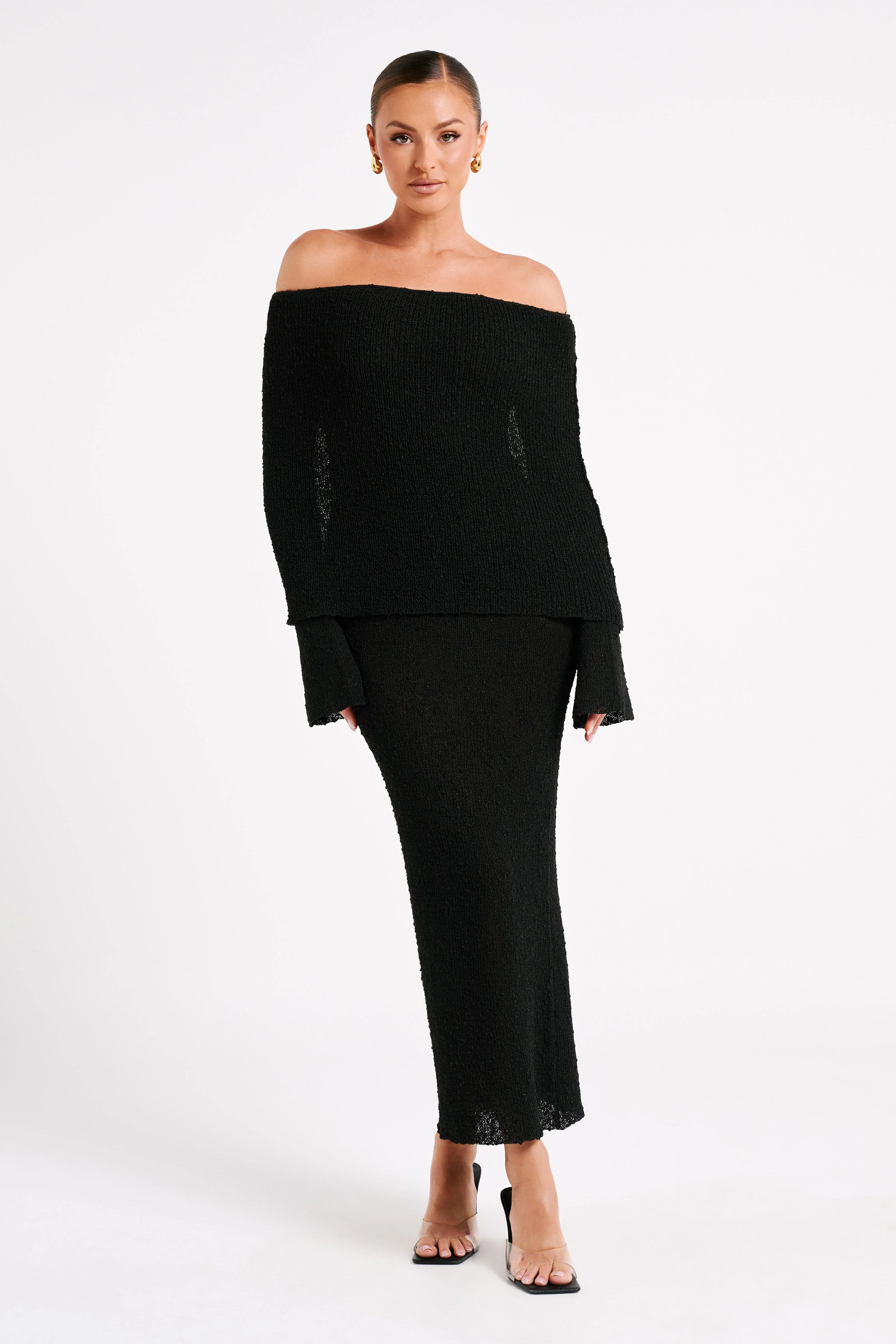 Marisol Off Shoulder Boucle Maxi Dress - Black | MESHKI US