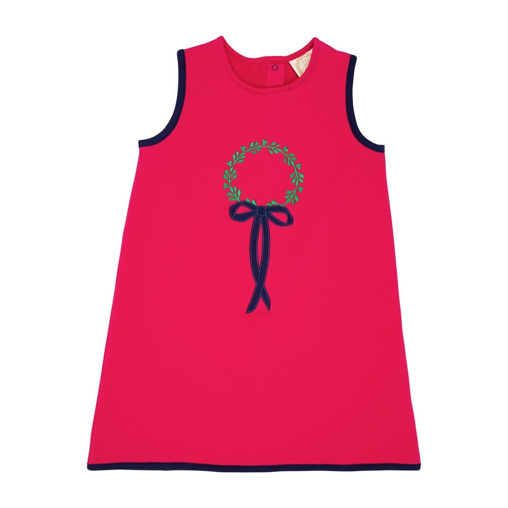 Annie Apron Dress - Raleigh Raspberry with Nantucket Navy & Wreath Embroidery | The Beaufort Bonnet Company