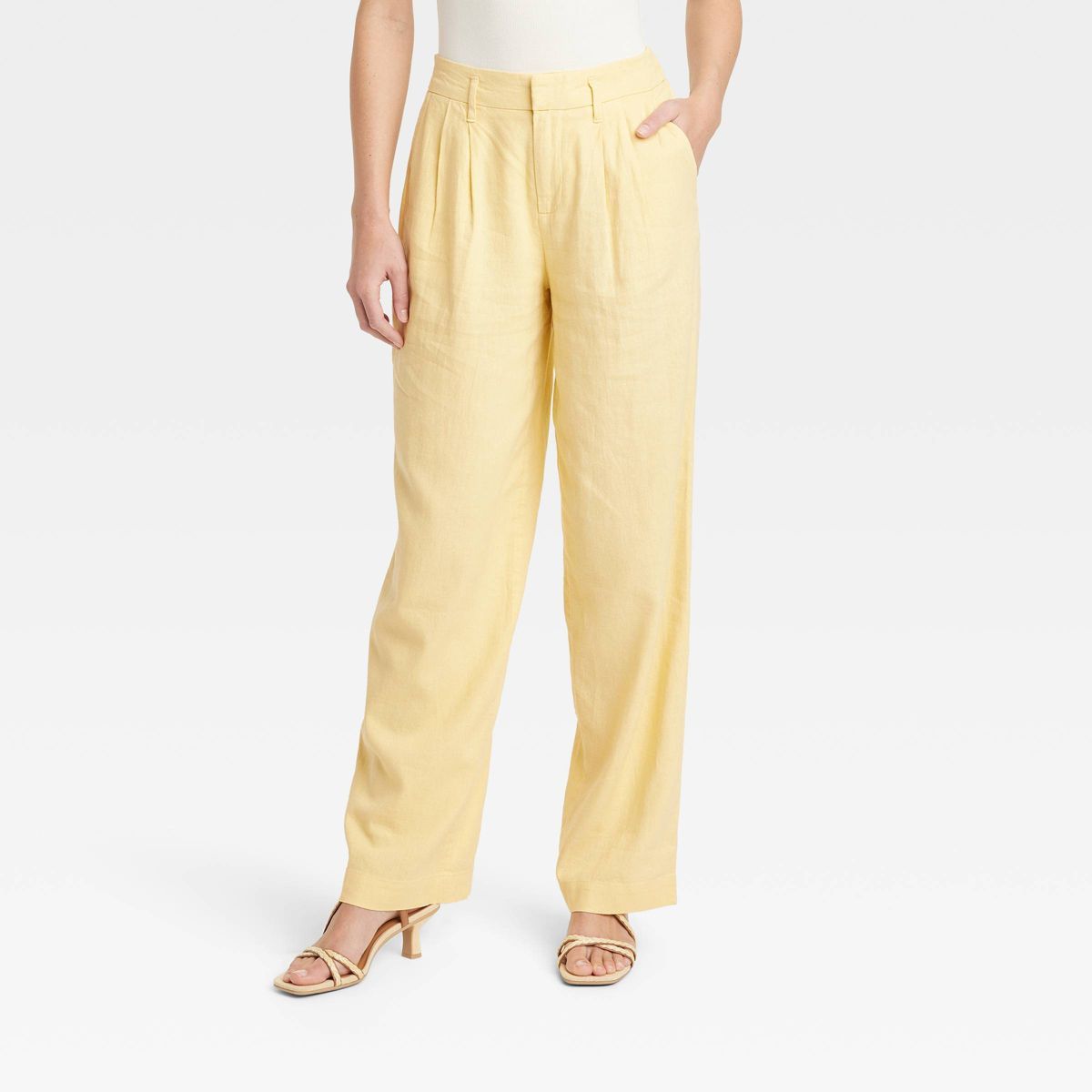 Women's High-Rise Linen Pleated Front Straight Pants - A New Day™ Yellow 14 | Target
