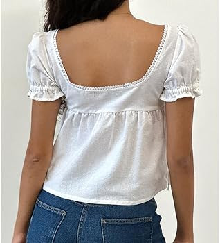 Women Y2k Puff Short Sleeve Top Backless Ruffle Hem Square Neck Fitted Crop Blouse Pleated Solid ... | Amazon (US)
