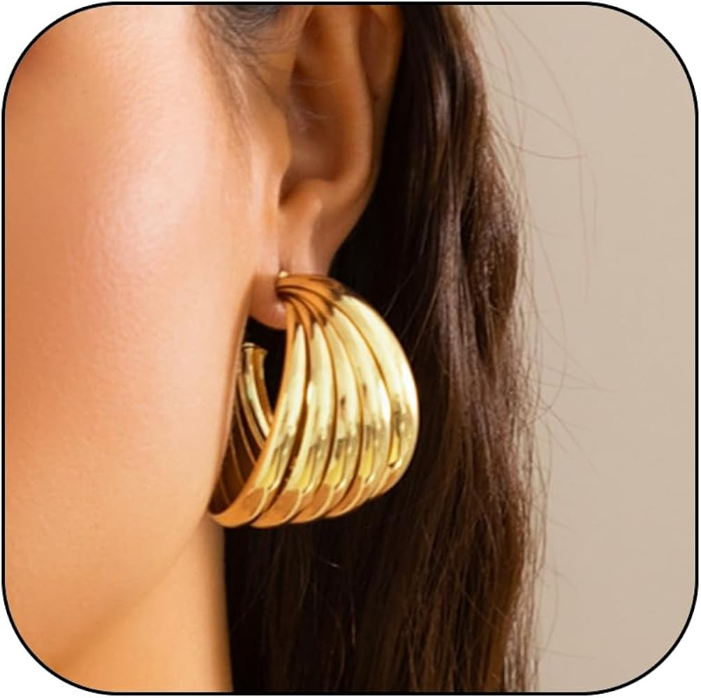 Chunky Gold Geometric Drop Hoop Earrings for Women, 14K Gold Big Wavy Dangle Hoops Statement Earr... | Amazon (US)