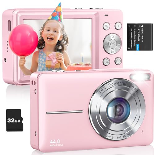 Digital Camera, FHD 1080P Kids Camera 44MP Point and Shoot Digital Cameras with 32GB Card, Lanyard, 16X Zoom Anti Shake, Vintage Portable Small Camera for Kids Boys Girls Teens Students, Pink | Amazon (US)