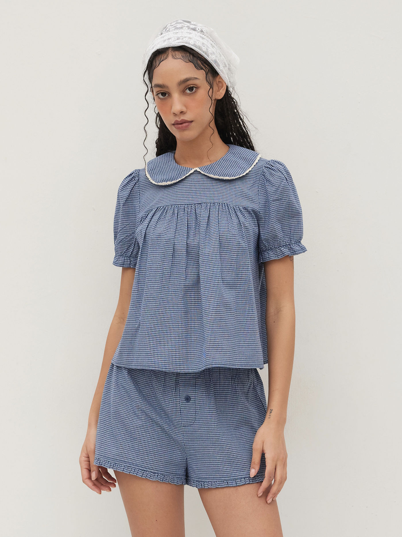 Woven 100% Cotton Gingham Lettuce Trim Top & Low Rise Shorts For Daily Casual | Cider