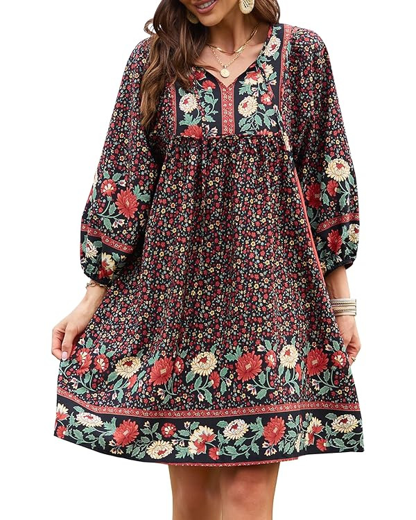 Qearal Womens Casual V Neck 3/4 Sleeve Boho Floral Printed Loose Short Mini Summer Beach Dress | Amazon (US)