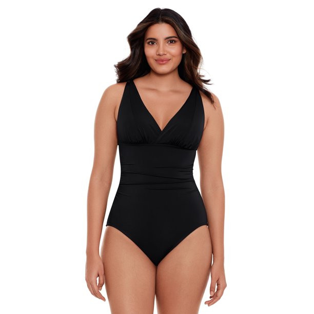 Time and Tru Women's and Women’s Plus Size Solid Black Plunge V Neck One Piece Swimsuit | Walmart (US)