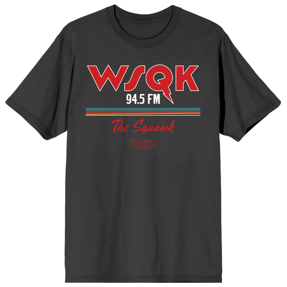 Stranger Things 5 WSQK 94.5 FM The Squawk Men's Charcoal Crew Neck Short Sleeve T-shirt | Target