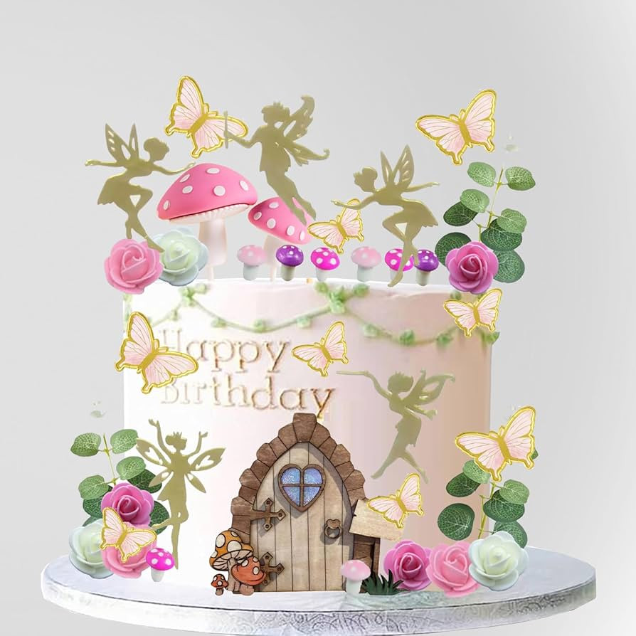 39PCS Fairy Cake Toppers Fairy Cake Decoration Pink Mushroom Door Butterfly Flowers Cake Decorati... | Amazon (US)