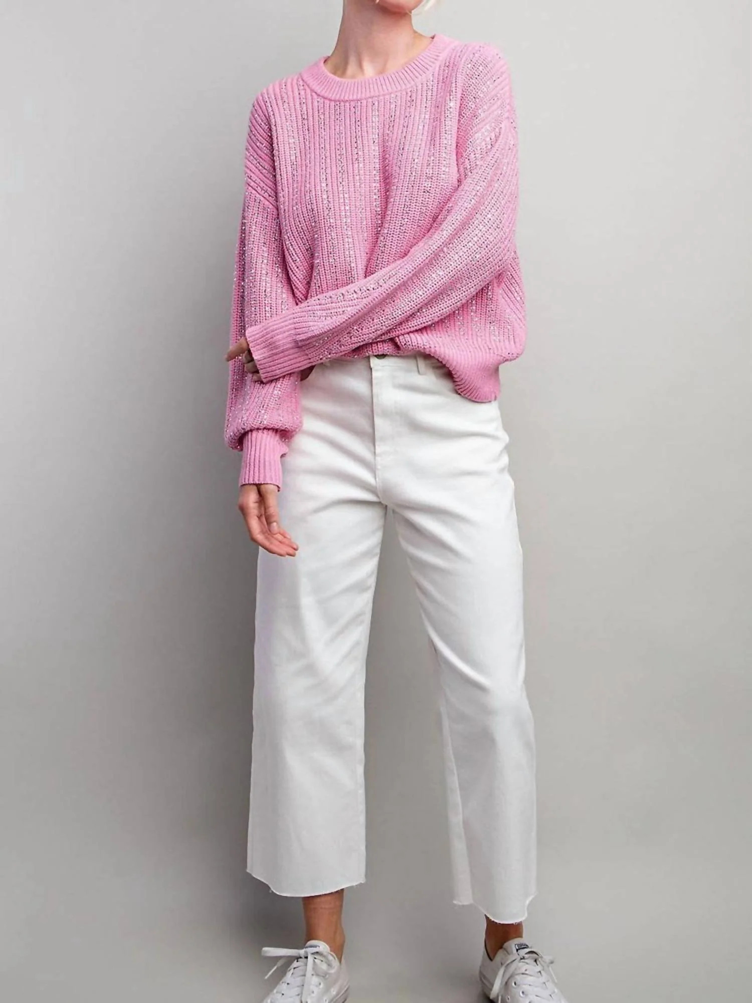 Women's Jewel Crochet Knit Sweater In Bubble Pink | Shop Simon