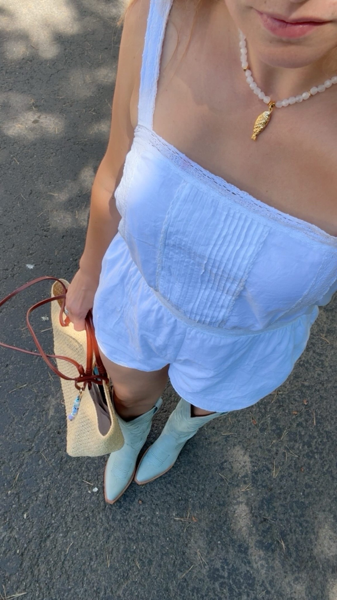 Fish necklace, affordable jewelry, basket bag, blue boots, cowgirl boots, woven tote, summer outfit 

Wearing a size S romper

#LTKmomlife #LTKootd