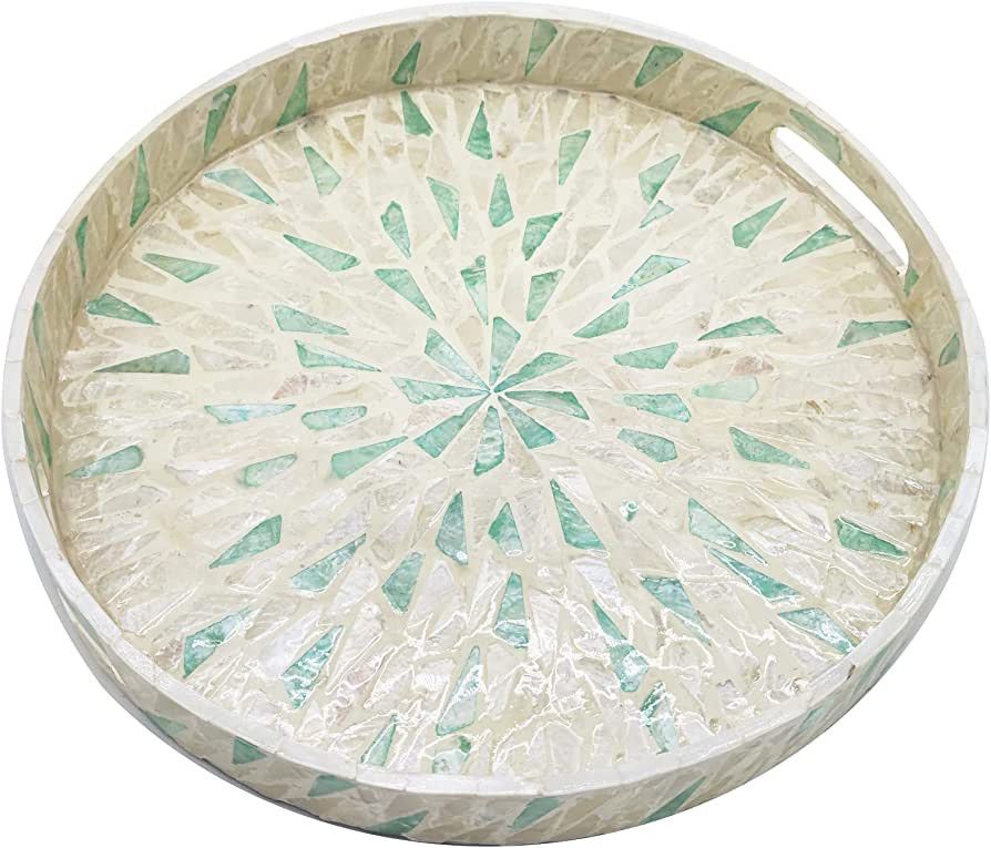 14 Inch Round Beige Blue Mother of Pearl Severing Tray with Handle and 2 Inch Side, Lacquer Woode... | Amazon (US)