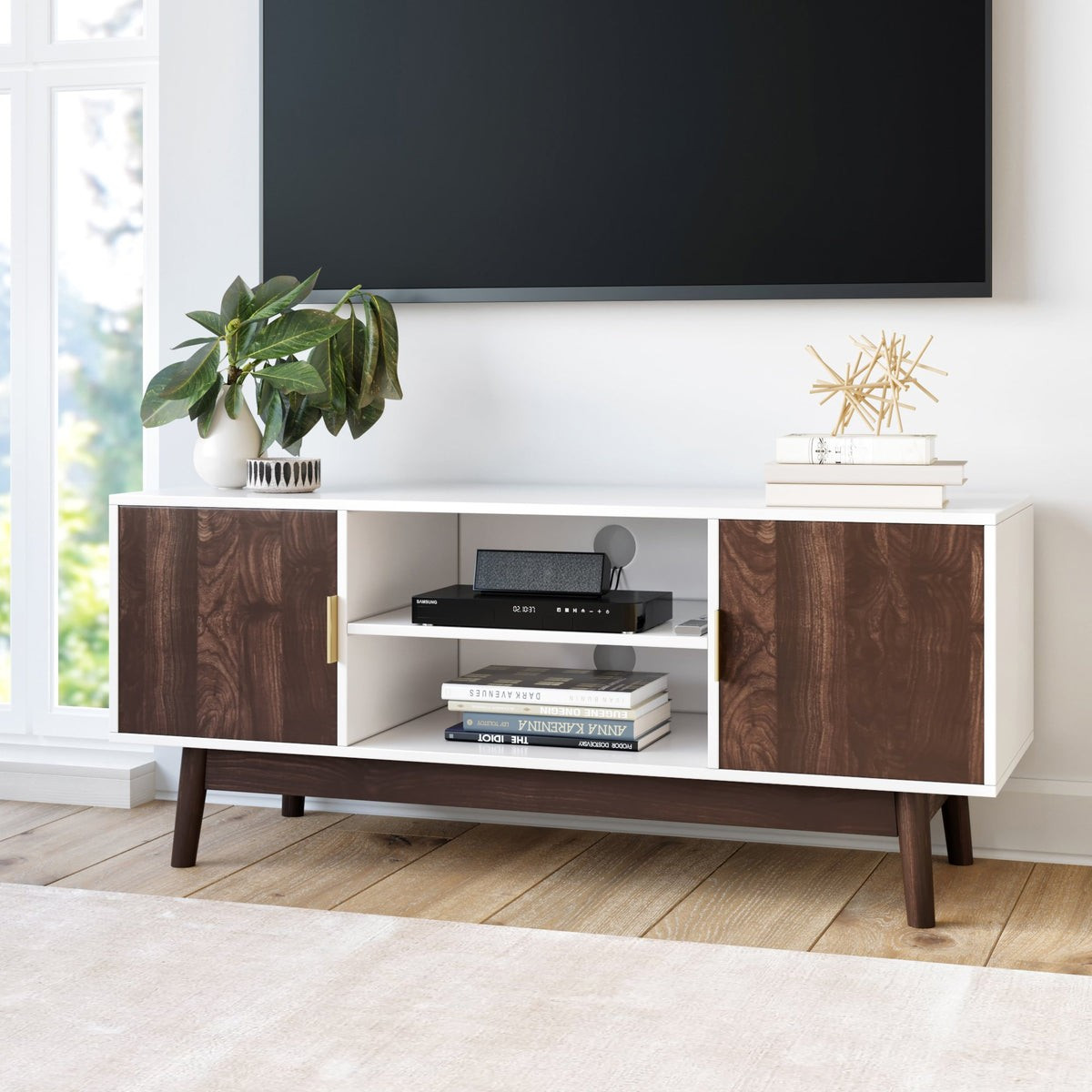 Wesley Media Console | 2-Cabinet | White/Wood Finish | Nathan James