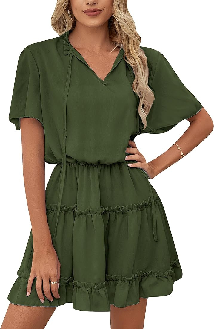 DIACACY Women's Summer V-Neck Loose Pullover Dress Short Sleeve Simple Knee Length Dress Solid Co... | Amazon (US)