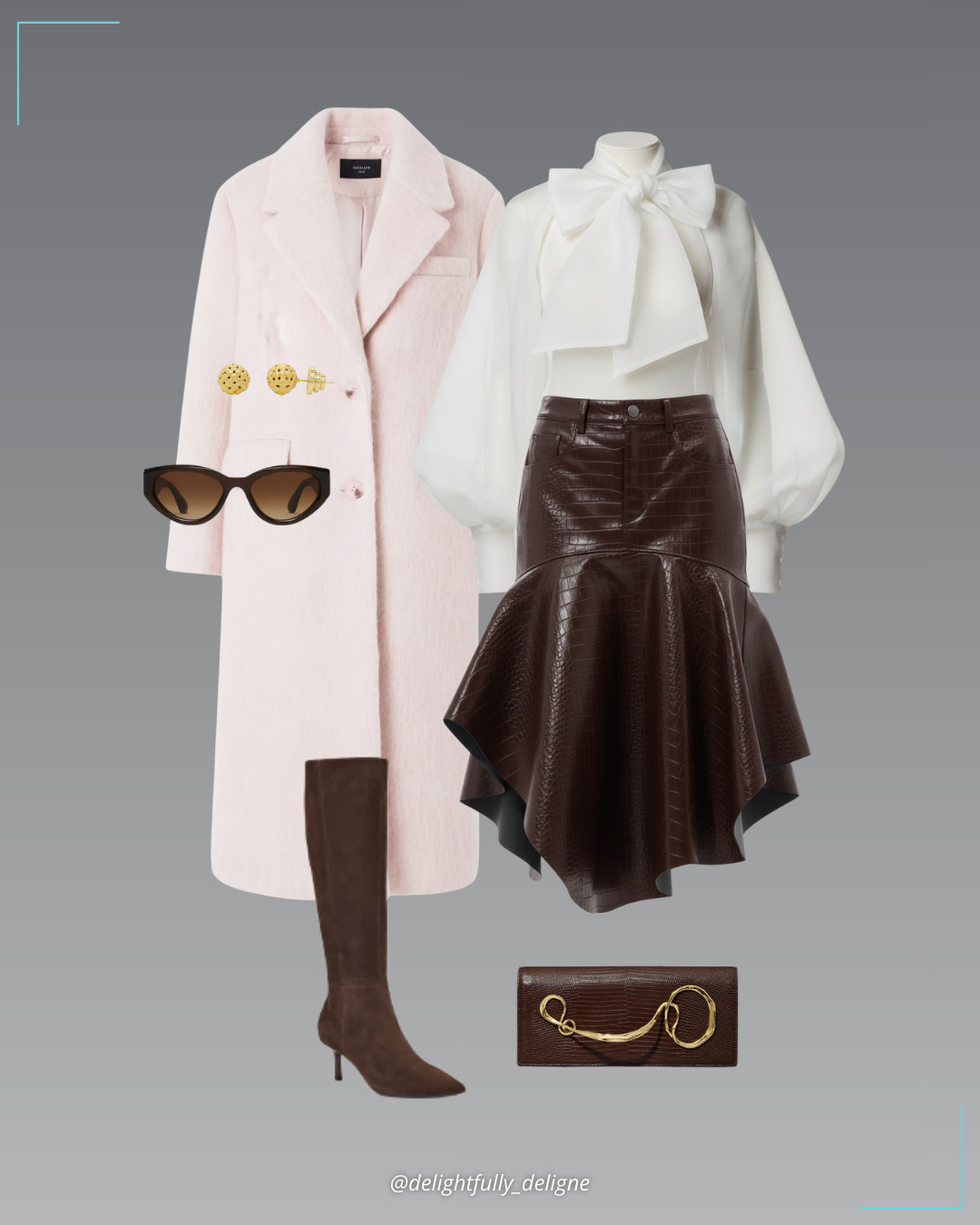 Chic Love Story 🤎🩷 Flared asymmetrical-hem crocodile midi skirt, elegant bow long-sleeve blouse, oversized longline wool-blend coat, brown suede knee-high boots, twisted gold side-handle clutch, weave ball stud earrings & brown sunglasses. 

 #LTKgrwm #LTKootd #LTKOver40