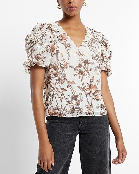 Floral Print V-Neck Puff Draped Sleeve Top | Express