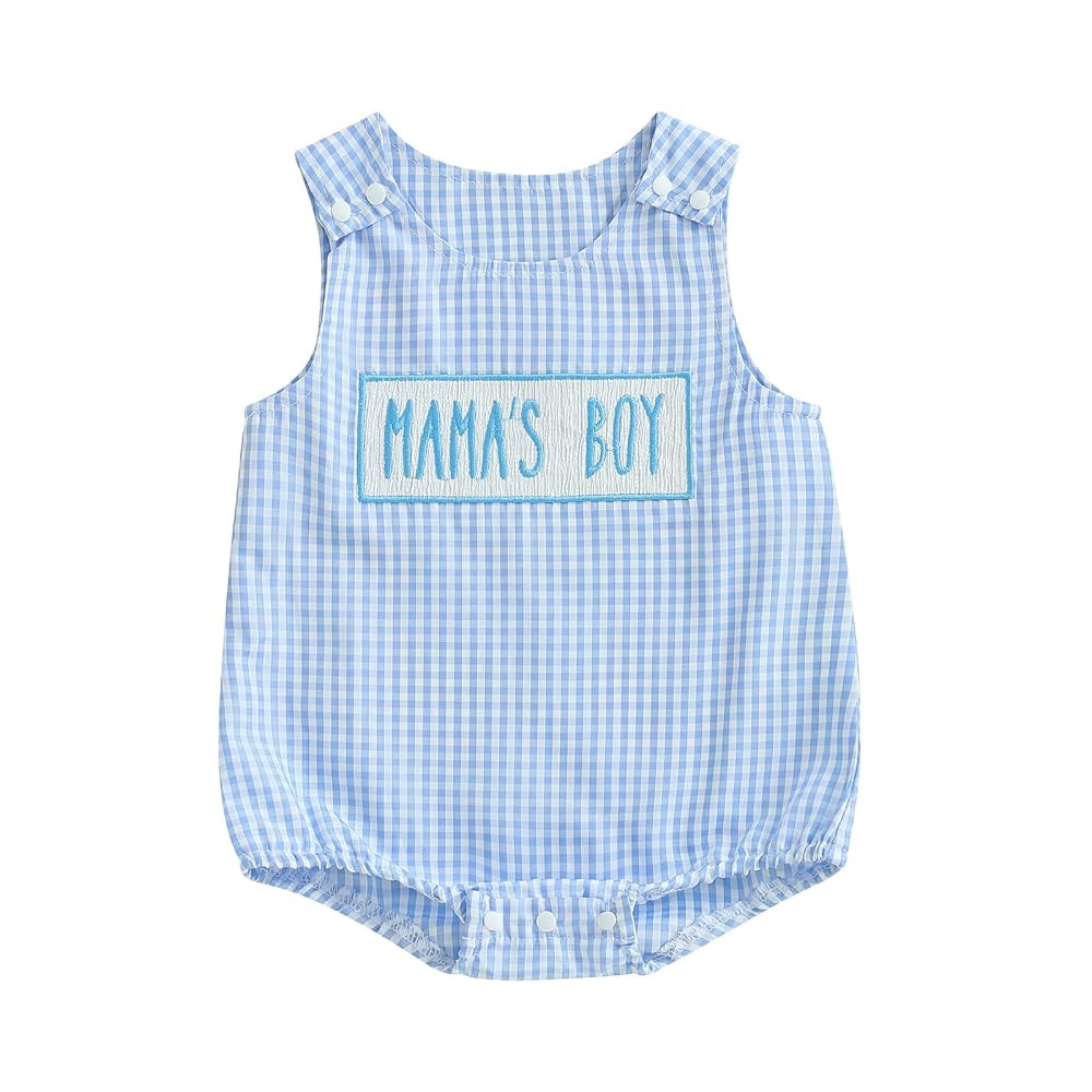 Mama's Boy Baby Clothes Infant Gingham Romper Newborn Summer Overalls Embroidery Letter Sleeveles... | Amazon (US)