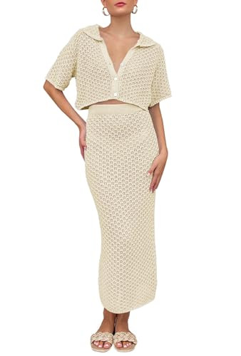 Saodimallsu Women Crochet Beach Cover Up Set Knit Crop Button Short Sleeve Collar Top Bodycon Lon... | Amazon (US)